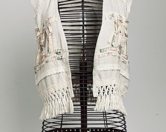 Cottagecore Crochet Tassel Waistcoat Cream 1990s Boho M