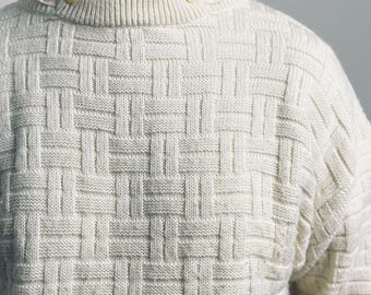 Sloop 1980s Button-Neck Basketweave Jumper Large Cream Italian Knit