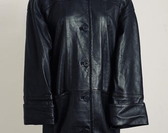 Boutique of Leathers 1990s Black Leather Swing Coat UK 12 Boxy