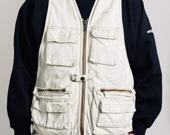 Schott Utility Vest XL Cream 1990s Multi-Pocket Fishing Workwear
