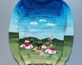 Vintage Sea Country Scene Hand Knit Sweater Small Ladies