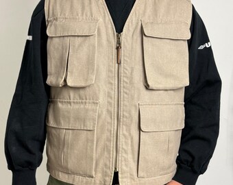 Marlboro Classics 1990s Beige Utility Vest Men's L Zip Multi-Pocket