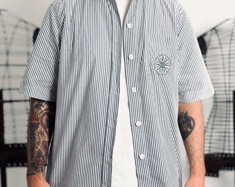 Striped Short Sleeve Shirt XL Navy White Compass 1990s Nautical