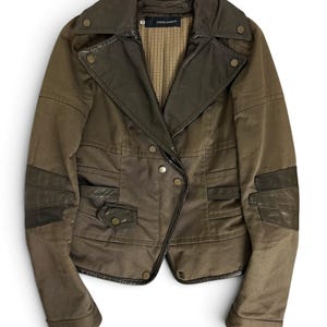 DSQUARED2 Zweireihige Militärjacke aus Baumwolle mit Lederbesatz, Khaki, Größe 46 (M)