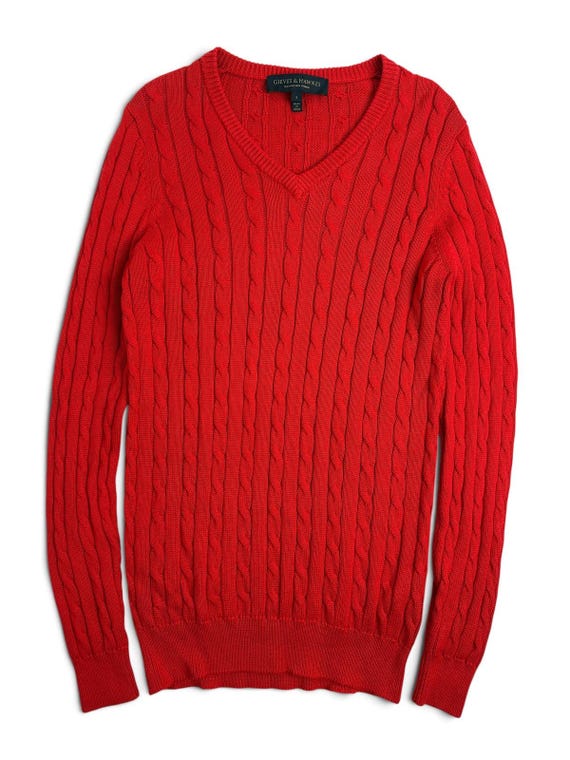 Gieves & Hawkes, Gieves & Hawkes Cable Knit V-Neck Jumper Red Men's S Silk Blend