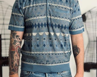 Tricot OK 1980s Men's Short Sleeve Knit Polo Blue Jacquard Medium
