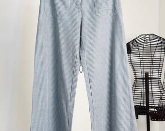 Benetton Wide Leg Striped Trousers UK 12 40 Blue/White 2000s