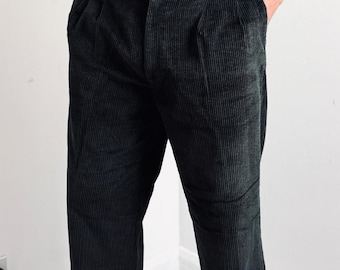 St Michael Pleated Corduroy Trousers 36W/29L Green 1980s Tailored