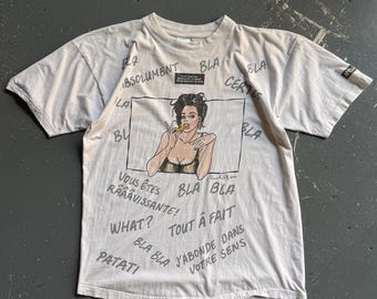 Mccain Graphic Pinup T-Shirt Large Off White 1990s French Text