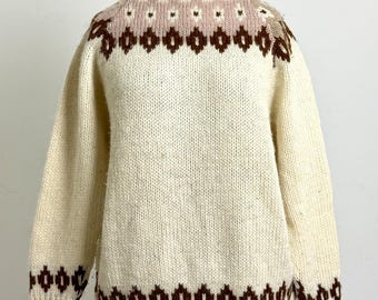 Vintage Hand Knit Icelandic Hand-Knit Jumper Women's XL Cream/Brown 1980s
