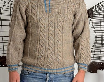 Vintage Shawl Collar Cable Knit Jumper M Beige Flecked 1990s Preppy