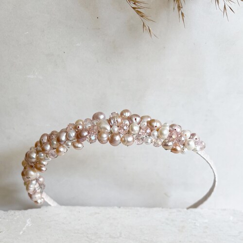 Sewn Freshwater Pearls Headband. Pearl jewel Hair Accessory. Tiny Elegant Crystal Tiara. Blush Bridal Fine Headband. shops Formal Event Diadem.