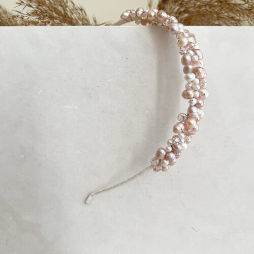 Sewn Freshwater Pearls Headband. Pearl jewel Hair Accessory. Tiny Elegant Crystal Tiara. Blush Bridal Fine Headband. shops Formal Event Diadem.