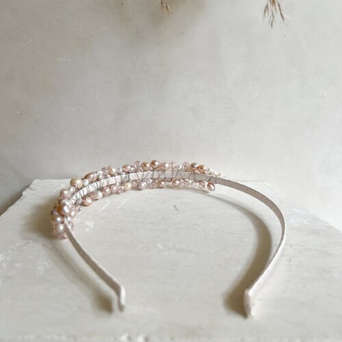 Sewn Freshwater Pearls Headband. Pearl jewel Hair Accessory. Tiny Elegant Crystal Tiara. Blush Bridal Fine Headband. shops Formal Event Diadem.
