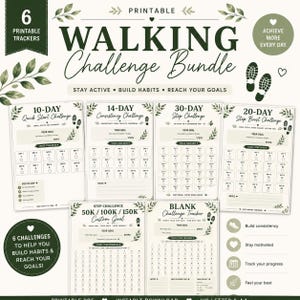 Könnte beinhalten: Druckbares Walking-Challenge-Bundle mit sechs Trackern. Enthält 10-, 14-, 20- und 30-Tage-Challenges sowie einen benutzerdefinierten Ziel-Tracker. Das Design ist in Grün und Weiß gehalten, mit dem Text "Walking Challenge Bundle."