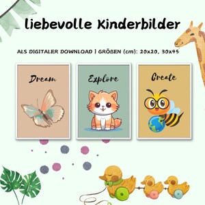 5 picture set children&#39;s room poster | baby room | animal children&#39;s room wall decor | butterfly, dolphin, dog, bee, cat | to print