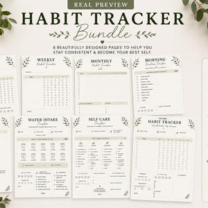Könnte beinhalten: Ein Gewohnheits-Tracker-Set mit acht druckbaren A4-Seiten, schwarzem Text und botanischen Akzenten auf hellem Hintergrund. Die Seiten umfassen tägliche, wöchentliche, monatliche, Morgen-, Abend-, Wasseraufnahme-, Selbstpflege- und leere Tracker.