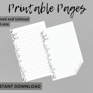 May include: Two white A5 printable pages, one lined and one unlined, with a decorative leaf border. The words "Printable Pages" and "Instant Download" are also visible.