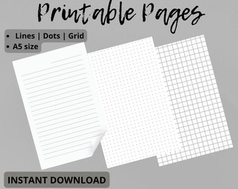 Könnte beinhalten: Drei druckbare Seiten im A5-Format mit linierten, gepunkteten und karierten Designs. Die Seiten sind weiß mit grauen Linien und Punkten. Der Text "Printable Pages" steht oben und "Instant Download" unten.