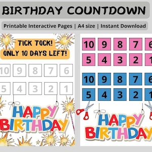 Könnte beinhalten: Druckbarer Geburtstags-Countdown-Chart mit einem bunten "Happy Birthday"-Banner und Feuerwerk. Die Tabelle enthält zwei Sätze mit den Zahlen 1-10, einen in Pink und einen in Blau, mit Platz zum Ausschneiden jeder Zahl, während die Tage bis zum Geburtstag heruntergezählt werden.