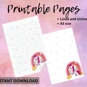 Könnte beinhalten: Zwei bedruckbare Seiten im A5-Format mit Einhorn-Motiv. Eine Seite ist liniert, die andere ist leer, beide mit pastellfarbenen Sternen. Jede Seite zeigt eine Einhorngrafik mit einem Regenbogen und dem Text "Printable Pages".