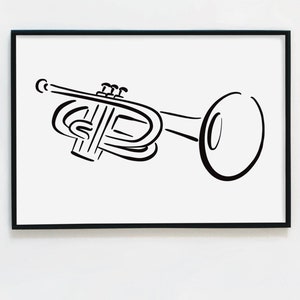 Digitaler Download - Illustration Trompete Linie Kunst einfaches minimalistisches schwarzweißes druckbares Flussinstrument Trompete einfach schlicht Linie