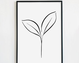 Leaf Line Art Print - Minimalist Black and White Illustration (Digital Download)