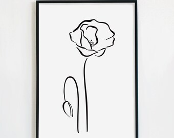 Mohnblume Kunstdruck - Minimalistische Blumen Illustration (Digitaler Download)