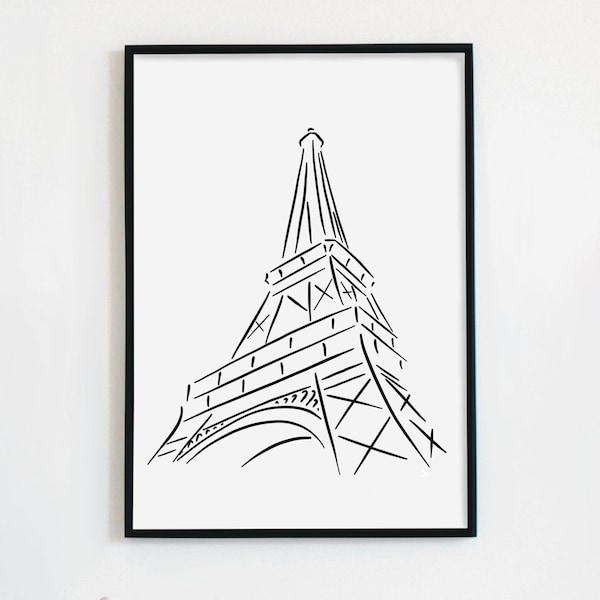 digital download- illustration of Eiffel Tower Eiffelturm Paris line art simple minimal black white printable flow einfach schlicht Linie