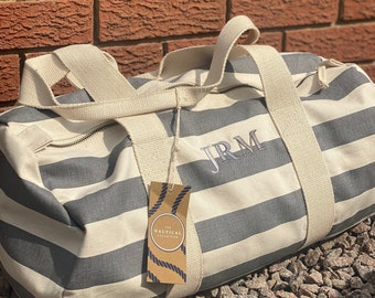Personalized Embroidered Nautical Stripe Barrel Bag with Wash Bag