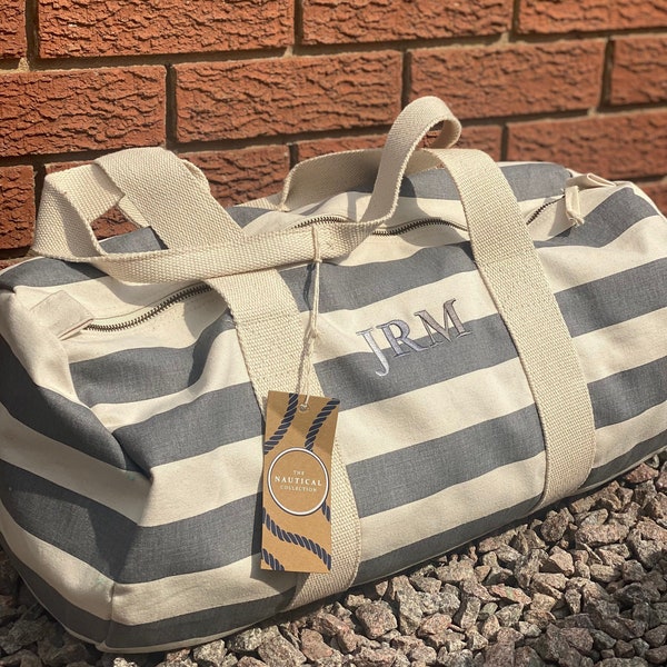 Personalised embroidered initial or name striped barrel bag, with matching wash bag, beach bag, nautical bag, holiday travel bag,weekend bag