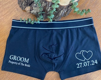 Spersonalizowane bokserki ślubne dla pana młodego, własność panny młodej