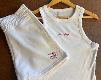 Bride embroidered vest and short set: Embroidered Bridal Jogger Shorts, embroidered bridal vest and tank top.