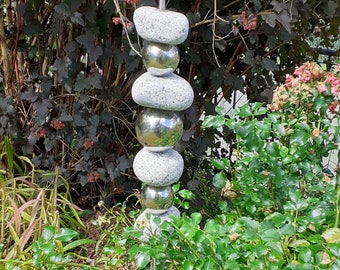 Gartenstecker Beetstecker Edelstahlstele Gartendeco mit Granitsteinen 1,15 m hochmit glänzenden Kugeln