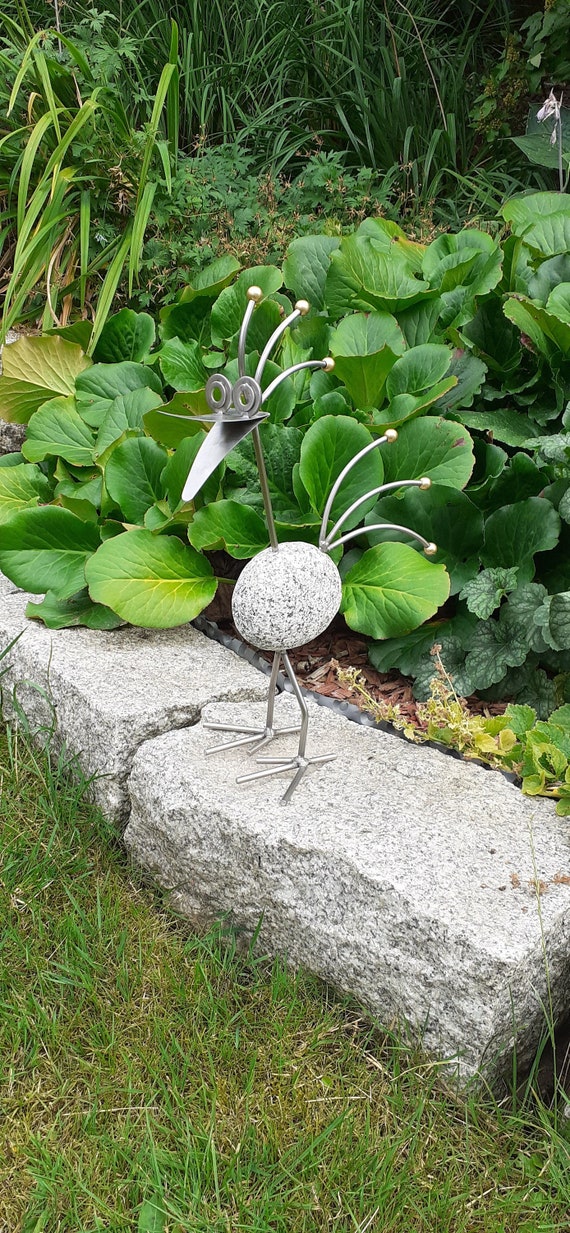 Lustiger Steinvogel Aus Edelstahl Und Granitstein, 40 Cm Hoch