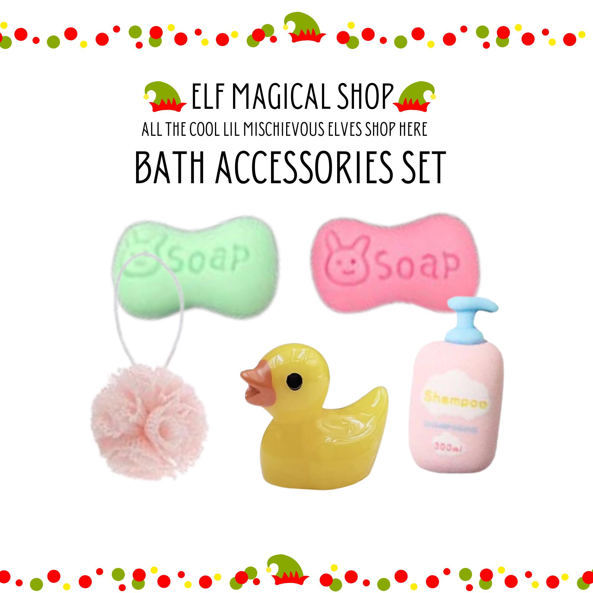 Miniature Bath Accessories Set  | Bathroom Products Set for Christmas Elf Doll | Doll House Size Shampoo Shower Puff Rubber Duck and Soap