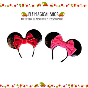 LaBuBus Minnie Ears – Black Glitter Mouse Ears with Velvet Bow | Dark Red or Pink Velvet | Disney-Inspired Headband for Magical Moments