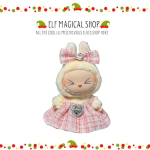 Pink Plaid Doll Dress with Headband: Kawaii Labubu Clothes (15-17cm Plushies)