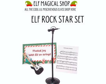 Rock Star Music Set for Elf – 3-Piece Mini Band Prop with Guitar, Mic Stand & Sheet Music | Holiday Elf Scene for Music Lovers