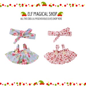 Labubu Doll Clothes: Strawberry Pink or Floral Blue Skirt & Headband Set