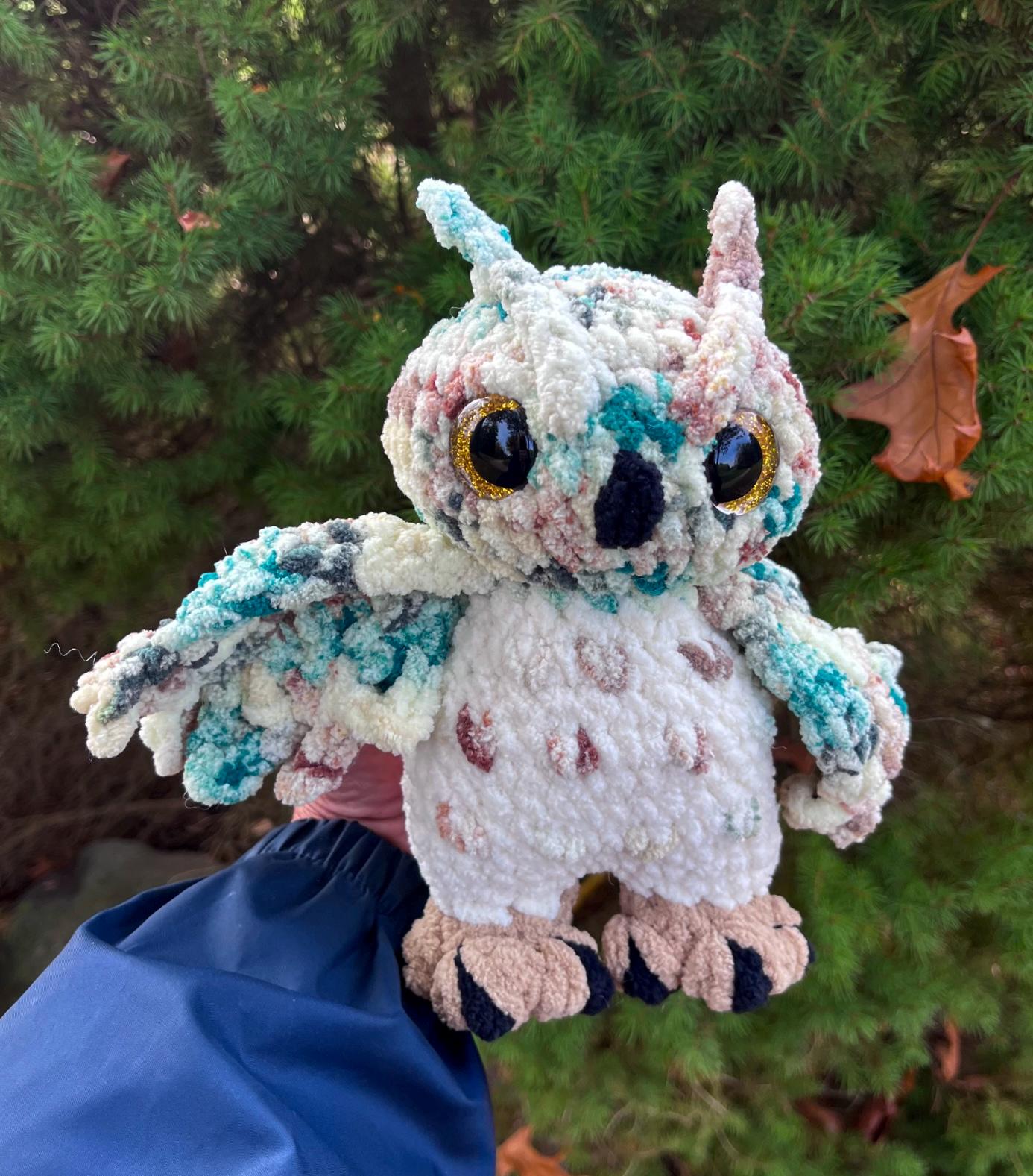Brown and Green Camouflage Tie-Dyed Owl Amigurumi Plushie: Quality Handmade Crochet Toy