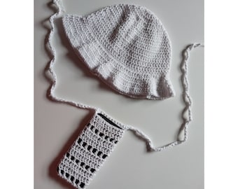 Cappello estivo da donna e custodia per telefono Set di cotone bianco all'uncinetto Set berretto da spiaggia traspirante lavorato a mano/Piccola borsa all'uncinetto regalo per lei