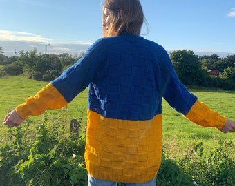 Blue and yellow cardigan knitted by me handmade custom Ukrainian diaspora longsleeved unisex gift for men woman national style unique design