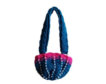 Mermaid seashells purse handmade Crocheted bag with pearls vintage bag,blue ocean bag,crossbody beach bag, birthday gift for her,Rhinestone