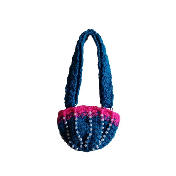 Bolso de conchas marinas de sirena bolso de ganchillo hecho a mano con bolso vintage de perlas, bolso de océano azul, bolso de playa cruzado, regalo de cumpleaños para ella, pedrería