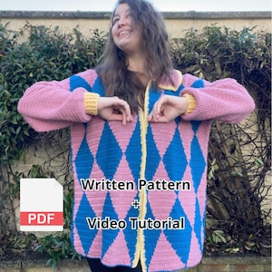 PDF Pattern + Tutorial M-2XL Crochet Diamond Cardigan Inspired Moving Pattern Anime Oversized