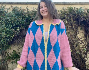 Handmade Diamond Crochet Cardigan: Anime Inspired Cosplay Jacket, XL-3XL Wizard Style Oversized Fantasy Coat Comic Con Costume