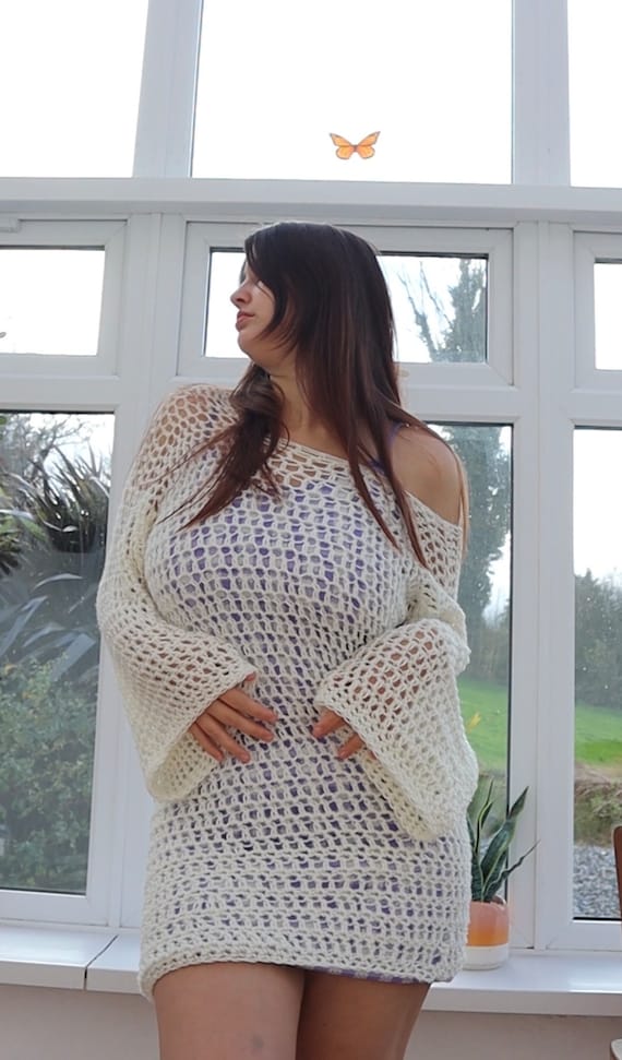 crochet cottagecore dress Fairy Cottagecore Crochet Fantasy Beach Dress White Mesh Short Vacation  Dresses for Women Handmade Festival Crochet Outfit White Coachella