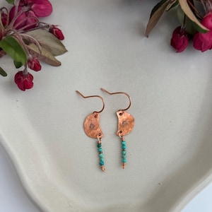 Tiny Crescent Copper Earrings with Genuine Turquoise – Handmade & Lightweight — Handstamped