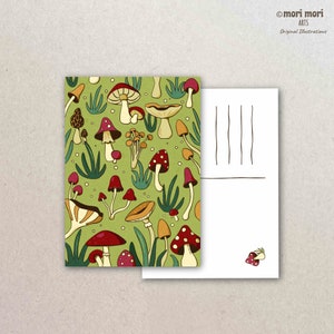 Postal Cogumelo, com ilustrações originais, tamanho A6, (105 x 148 mm), feito de papel cartão reciclado